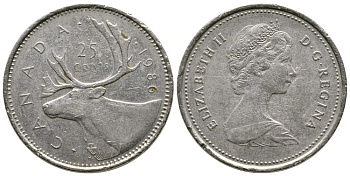 Канада 25 центов 1986 Елизавета II (1952-2022), олень KM 74 никель 4681-851
