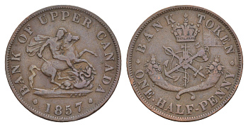 Канада, Верхняя Канада банковский токен 1/2 пенни (1 су) 1857 KM Tn2, CCT PC-5 медь 1519-135
