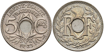 Франция 5 сантимов 1923 KM 875 медно-никель 4596-566