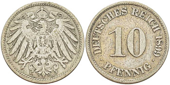 ГЕРМАНИЯ 10 ПФЕННИГОВ 1899 A KM 12, J. 13, Weege 8 медно-никель 261-1332