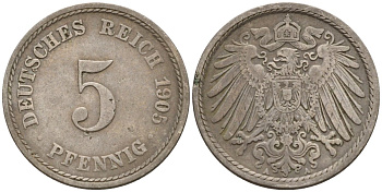 Германия 5 пфеннигов 1905 A KM 11, J. 12 медно-никель 4151-446