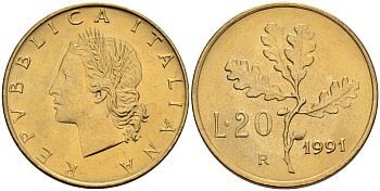 Италия 20 лир 1991 R, дубовый лист KM 97.2 алюминиевая бронза  UNC  4594-858