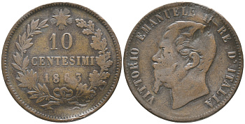 ИТАЛИЯ 10 ЧЕНТЕЗИМО 1863 ВИКТОР ИМАНУИЛ II (1861-1878) KM 11.2 медь 32-611