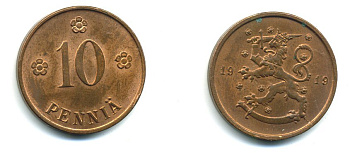 Финляндия 10 пенни 1919 KM 24 медь 37-326