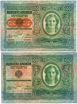 Австрия 100 крон 1912 (1919) красная надпечатка на Pick 12, на аверсе Pick 56 a бумага 444-14-2