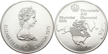 Канада 5 долларов 1973 XXI летние Олимпийские игры в Монреале 1976 года, карта Канады на фоне Северной Америки KM 85 серебро UNC 1095-6-31