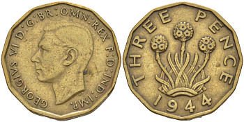 Великобритания 3 пенса 1944 Георг VI (1936-1952) KM 849, Spink 4112 никель латунь 83-644