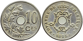 БЕЛЬГИЯ 10 САНТИМОВ 1905 BELGIQUE KM 52 медно-никель 86-743