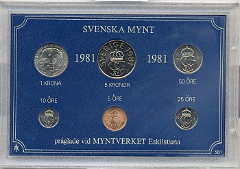 Швеция набор из 6 монет 1981 официальный набор монетного двора, Карл XVI Густав (1973- ) KM MS20 UNC 2-4-1-36
