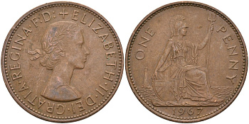 Великобритания 1 пенни 1967 Елизавета II (1952-2022) KM 897, Spink 4157 бронза 4574-331