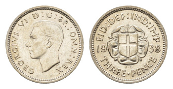 Великобритания 3 пенса 1938 Георг VI (1936-1952) KM 848, Spink 4085 серебро 4567-314