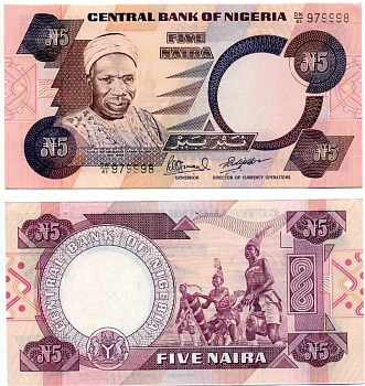 Нигерия 5 найра ND (1984-2000) Абубакар Тафава Балева, барабанщики, подпись 10 Pick 24 е бумага аUNC 8603-3-1-2