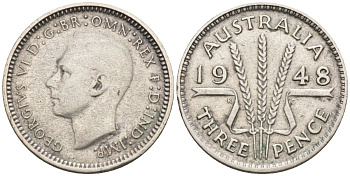 Австралия 3 пенса 1948 KG, Георг VI (1937-1952) KM 37a серебро 4585-257