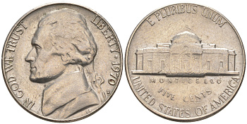 США 5 ЦЕНТОВ 1970 D, ДЖЕФФЕРСОН KM А192 медно-никель 106-351