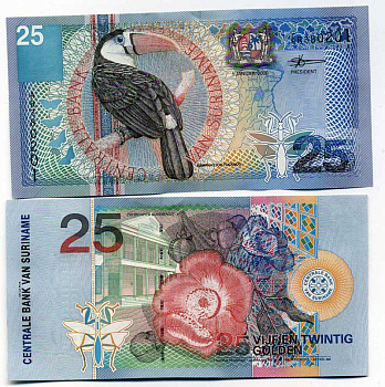 Суринам 25 гульденов 2000 белогрудый тукан, курупита гвианская Pick 148 бумага UNC (пресс) 000-00-00