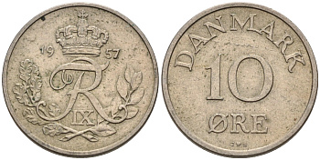 ДАНИЯ 10 ЭРЕ 1957 C; S, ФРЕДЕРИК IX (1947-1972) КМ 841.2 медно-никель 4564-1217