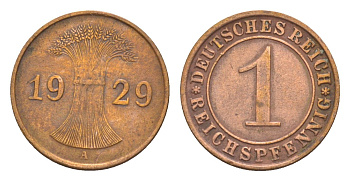 Германия 1 рейхспфенниг 1929 A KM 37, J. 313 бронза 4636-263