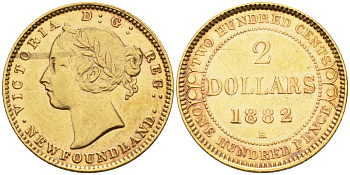 Ньюфаундленд 2 доллара 1882 Н, Королева Виктория (1837-1901) KM 5 золото 10-020-28