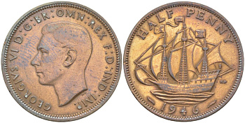 Великобритания 1/2 пенни 1946 Георг VI (1936-1952) KM 844, Spink 4115 бронза 65-441