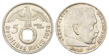Германия 5 рейхсмарок 1936 E, Пауль фон Гинденбург (1847-1934) KM 94, J. 367 серебро 1518-442