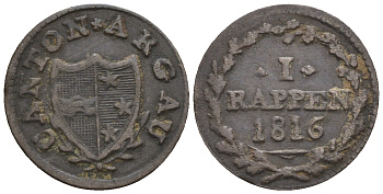 Швейцария, Аргау 1 раппен 1816 KM 15 серебро 54-1034