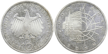 ФРГ 10 марок 1989 D, 2000 лет городу Бонну J. 447, KM 172 серебро UNC 443-422