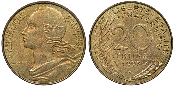 Франция 20 сантимов 1993 тип Marianne KM 930, Le Franc 156.35 медь алюминий никель 4128-235