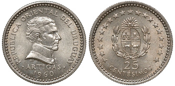 Уругвай 25 сентесимо 1960 KM 40 медно-никель 4169-1042