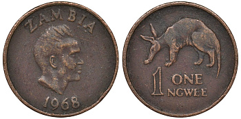 Замбия 1 нгве 1968 Кеннет Каунда, трубкозуб KM 9 бронза 4124-628