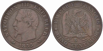 Франция 5 сантимов 1855 B, Наполеон III (1852-1870) KM 777.2, LE FRANC 116.19 бронза 108-316