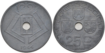 БЕЛЬГИЯ 25 САНТИМОВ 1944 BELGIE-BELGIQUE, ГЕРМАНСКАЯ ОККУПАЦИЯ, ВТОРАЯ МИРОВАЯ ВОЙНА KM 132 цинк 190-111