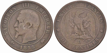 Франция 10 сантимов 1855 D, Наполеон III (1852-1870) KM 771.4, Le Franc 133.25 бронза    4680-521