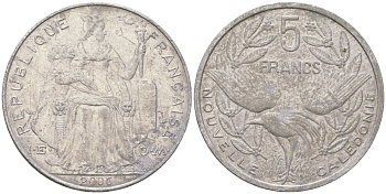 Французская Новая Каледония 5 франков 2006 птица кагу, (IEOM) KM 16, Schoen 12, Lec 81ю алюминий 189-1236