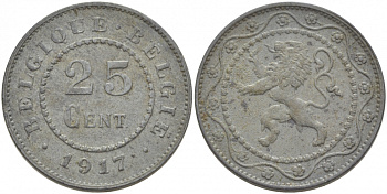 БЕЛЬГИЯ 25 САНТИМОВ 1917 BELGIQUE-BELGIE KM 82 цинк 3718-547