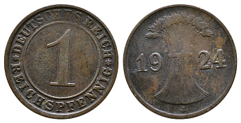 ГЕРМАНИЯ 1 РЕЙХСПФЕННИГ 1924 J KM 37, J.313 бронза 4380-1059