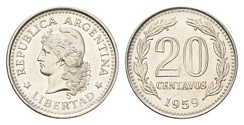 Аргентина 20 сентаво 1959 KM 55 сталь плакированная никелем UNC 4664-166