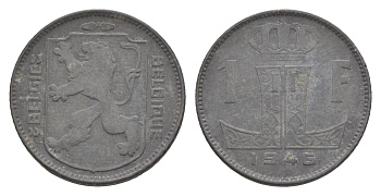 Бельгия 1 франк 1946 Belgie - Belgique, Леопольд III (1934-1947), германская оккупация, Вторая мировая война KM 128 цинк 4649-563