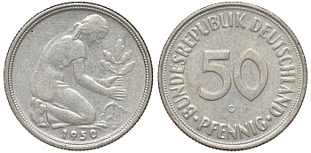 ФРГ 50 пфеннигов 1950 G KM 109, J. 384 медно-никель 4132-642