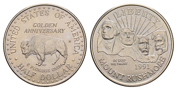 США 1/2 доллара 1991 D, 50 лет Национальному мемориалу Рашмор KM 228 медь плакированная медно-никелем BU 4131-122