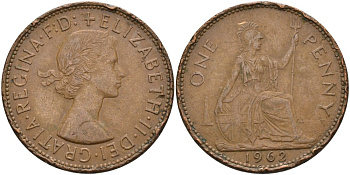 Великобритания 1 пенни 1962 Елизавета II (1952-2022) KM 897, Spink 4157 бронза 4574-211