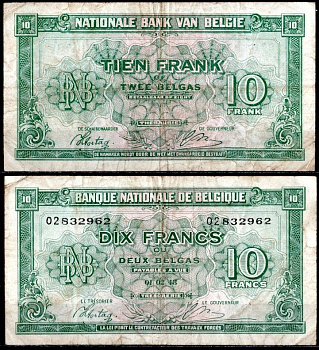 Бельгия 10 франков 1943 Pick 122 бумага 7457-28-2-2