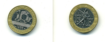 Франция 10 франков 1988 тип Гений Бастилии KM 964.1, Le Frank 375.2 биметалл 59-622