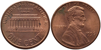 США 1 ЦЕНТ 1996 ЛИНКОЛЬН KM 201b цинк плакированный медью 66-1064
