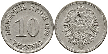 Германия 10 пфеннигов 1876 B, старогербовка KM 4, Jager 4, Weege 7 медно-никель 83-1052