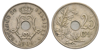 Бельгия 25 сантимов 1909 Belgique, Леопольд I (1865-1909) KM 62 медно-никель 4156-511