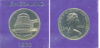 Новая Зеландия 1 доллар 1978 25 лет коронации Елизаветы II и открытие здания Парламента, Елизавета II (1952-2022), в оригинальной пластиковой упаковке KM 47 медно-никель UNC 06-059-9