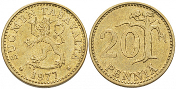 ФИНЛЯНДИЯ 20 ПЕННИ 1977 K KM 47 алюминиевая бронза 3718-634