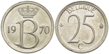 БЕЛЬГИЯ 25 САНТИМОВ 1970 BELGIQUE, БОДУЭН I (1951-1993) KM 153.1 медно-никель 116-954