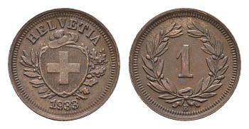 Швейцария 1 раппен 1933 B KM 3.2 бронза 46-562