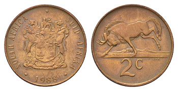 ЮАР 2 цента 1988 герб, антилопа гну KM 83 бронза 4627-167